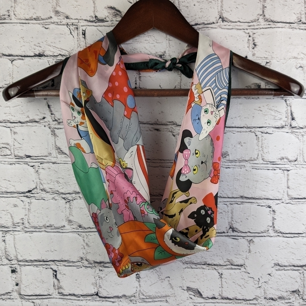 Pink and green whimsical silly cats in costumes silky polyester scarf